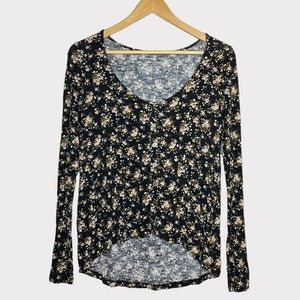 Black Long Sleeve Soft & Sexy Floral Button Scoop Neck Top American Eagle XS‎